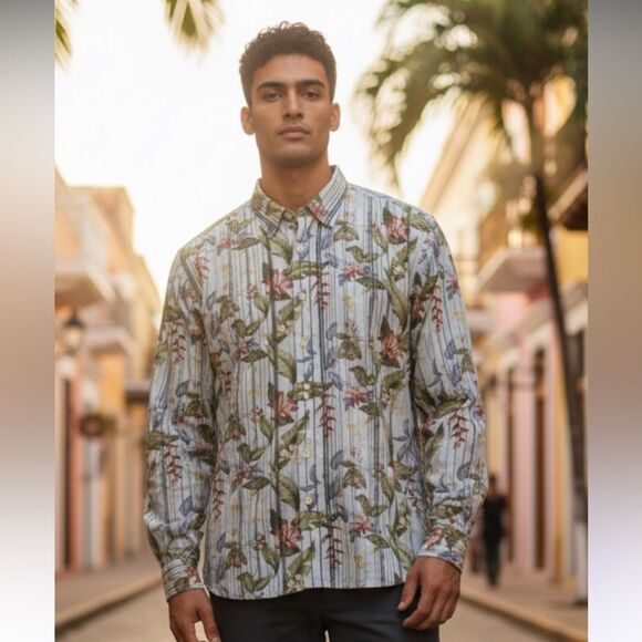 TOMMY BAHAMA NWT jungle mist banff blue long sleeve  cotton/poly blend XL